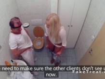 Busty blonde sucks doctors dick in bathroom