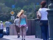 Car voyeur cam films upskirt blonde ass walking accross a bridge