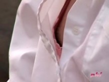 Horny voyeur filming hot Japanese women's cleavage