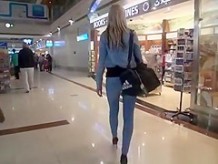 Nice ass blonde in tight jeans pants