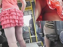 escena de la película bajo la falda del autobús con bragas de encaje rosa