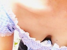 Cute Asian girl shows her puffy nipple in this downblouse video