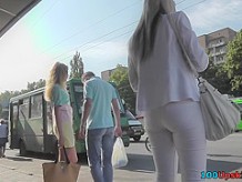 Petite girl with skinny butt upskirted at bus station