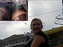 Chick upskirts and discloses hose