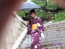 Hot girl in traditional Japanese clothing got boob sharked