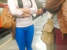 Blue leggings brunette girl at metro