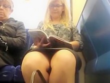 Mujer leyendo un libro en tren upskirt